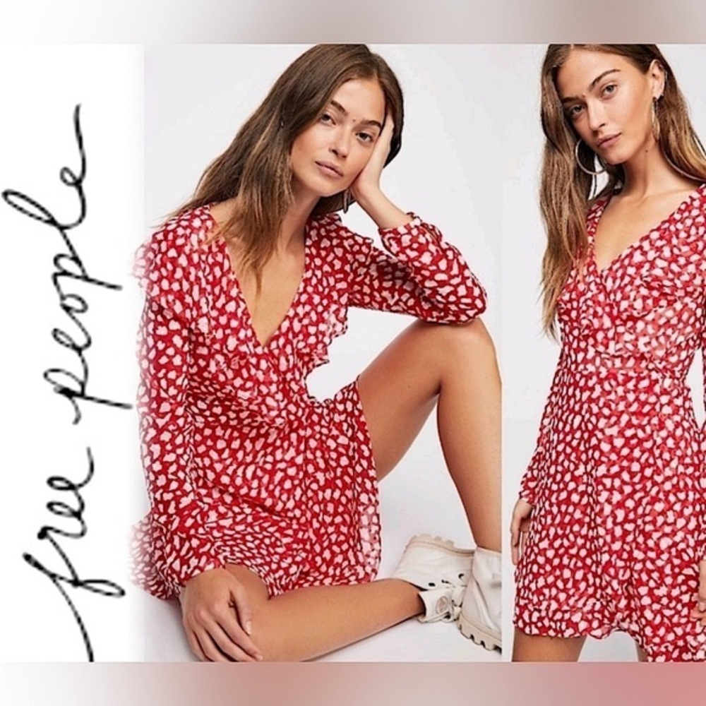 Free People ruffled Frenchie Mini Wrap Dress Red White Long Sleeve DATE night